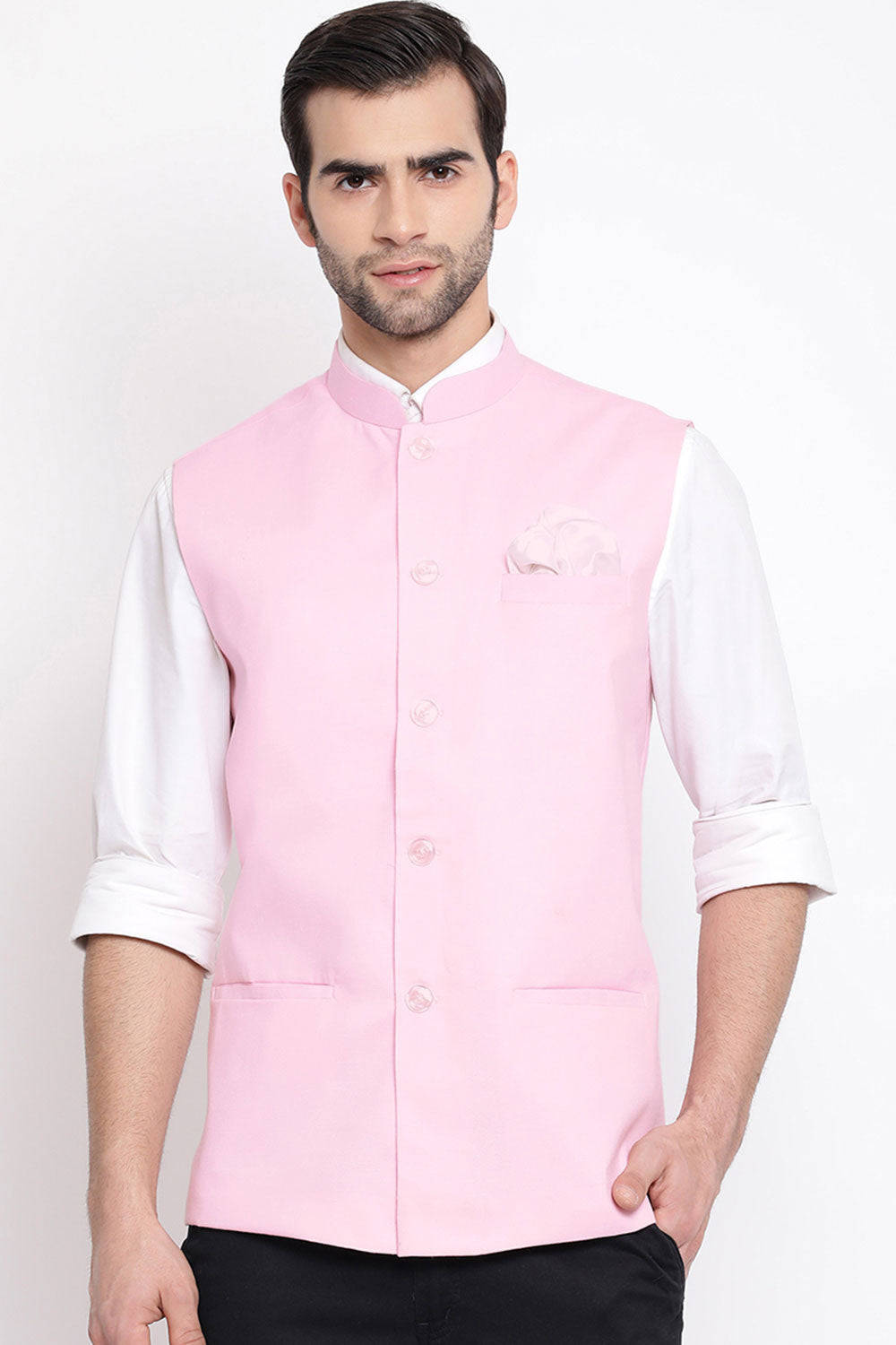 Pink Blended Cotton Nehru Jacket for Men's