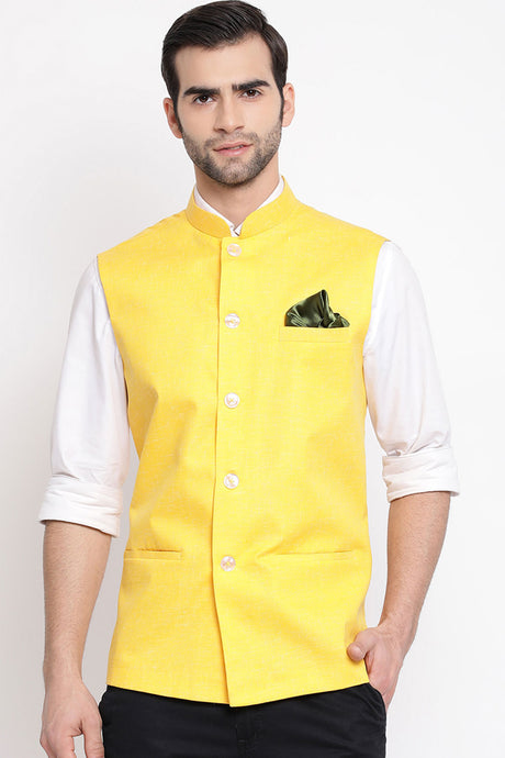 Yellow Blended Cotton Nehru Jacket for Men's
