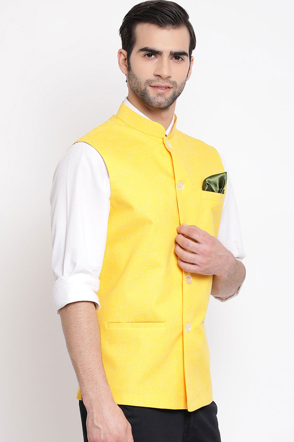 Waist Length Nehru Jacket in Yellow