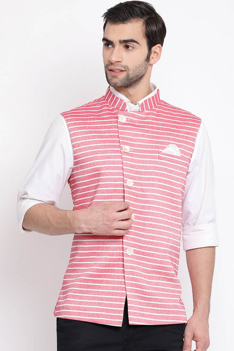 Red Blended Cotton Nehru Jacket for Men's