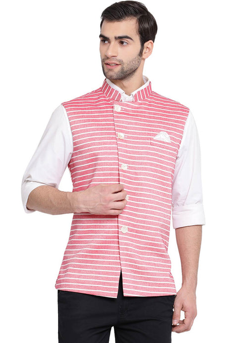 Buy Blended Cotton Stripe Nehru Jacket in Red