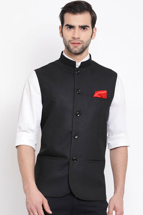Black Cotton Silk Nehru Jacket for Men's