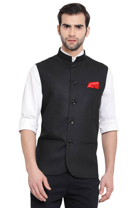 Buy Cotton Silk Solid Nehru Jacket in Black
