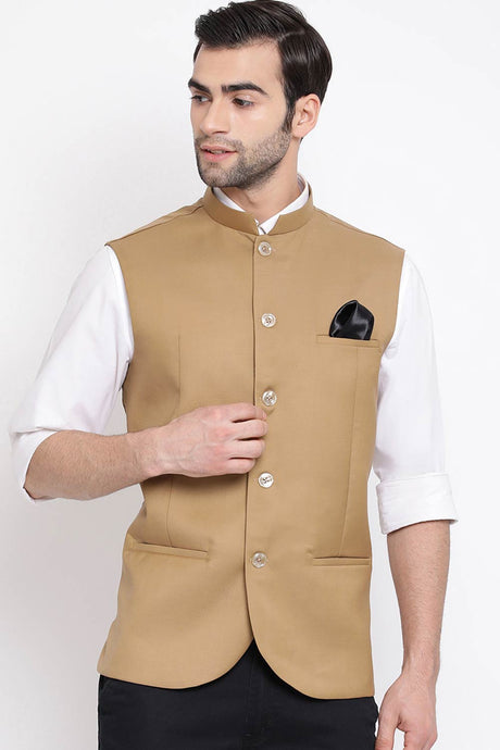Beige Cotton Silk Nehru Jacket for Men's