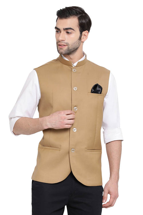 Buy Cotton Silk Solid Nehru Jacket in Beige