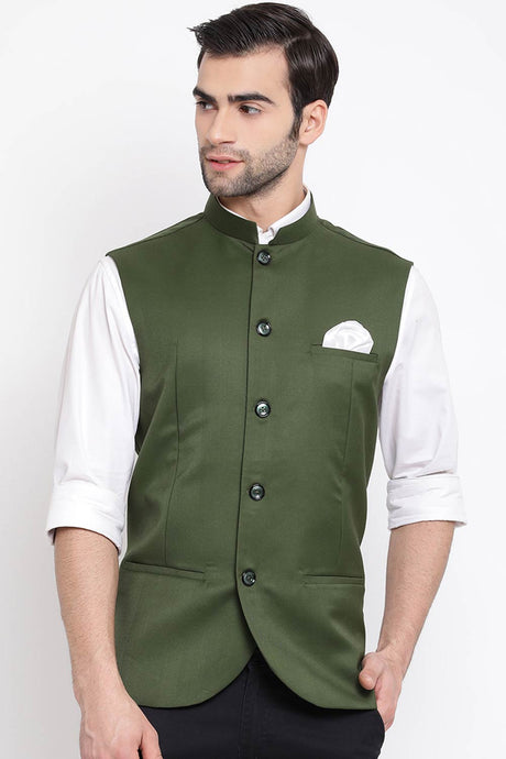 Green Cotton Silk Nehru Jacket for Men's