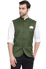 Buy Cotton Silk Solid Nehru Jacket in Green