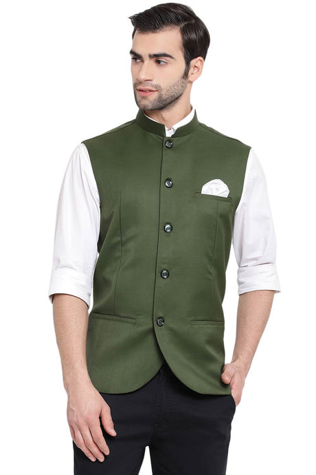 Buy Cotton Silk Solid Nehru Jacket in Green