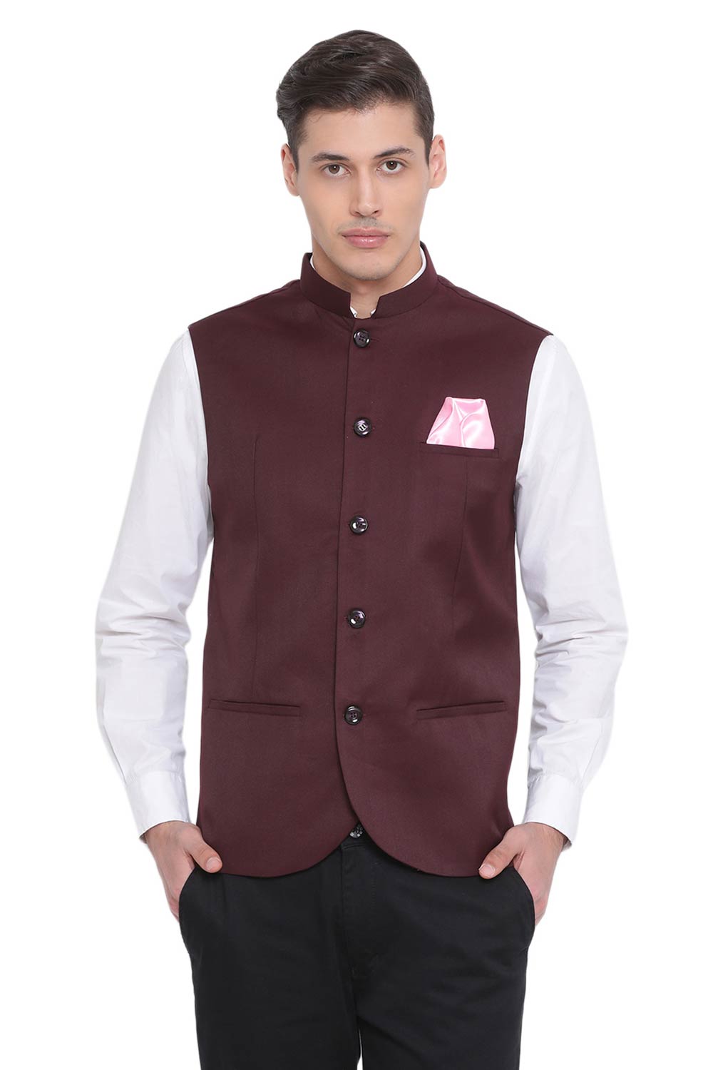 Cotton Silk Blend Solid Nehru Jacket in Maroon Nehru Jacket For Men Karmaplace