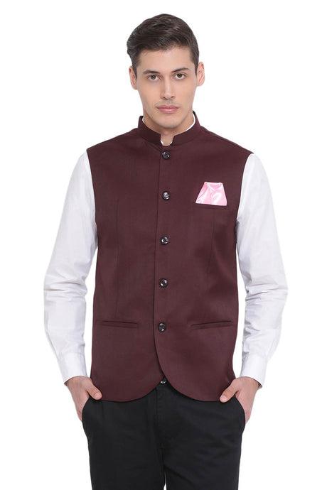 Buy Cotton Silk Solid Nehru Jacket in Maroon