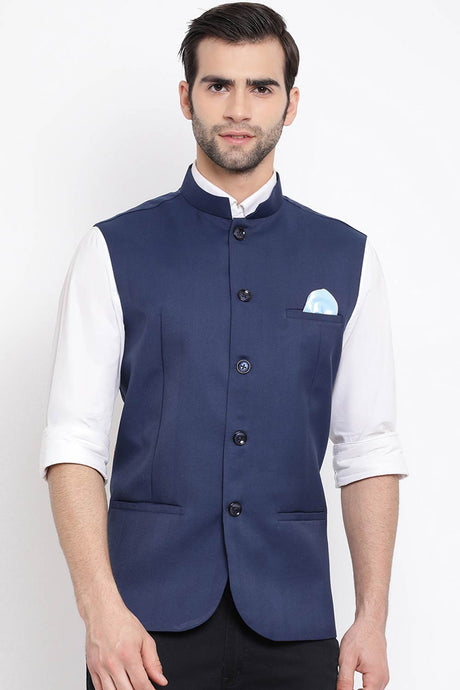 Navy Blue Cotton Silk Nehru Jacket for Men's