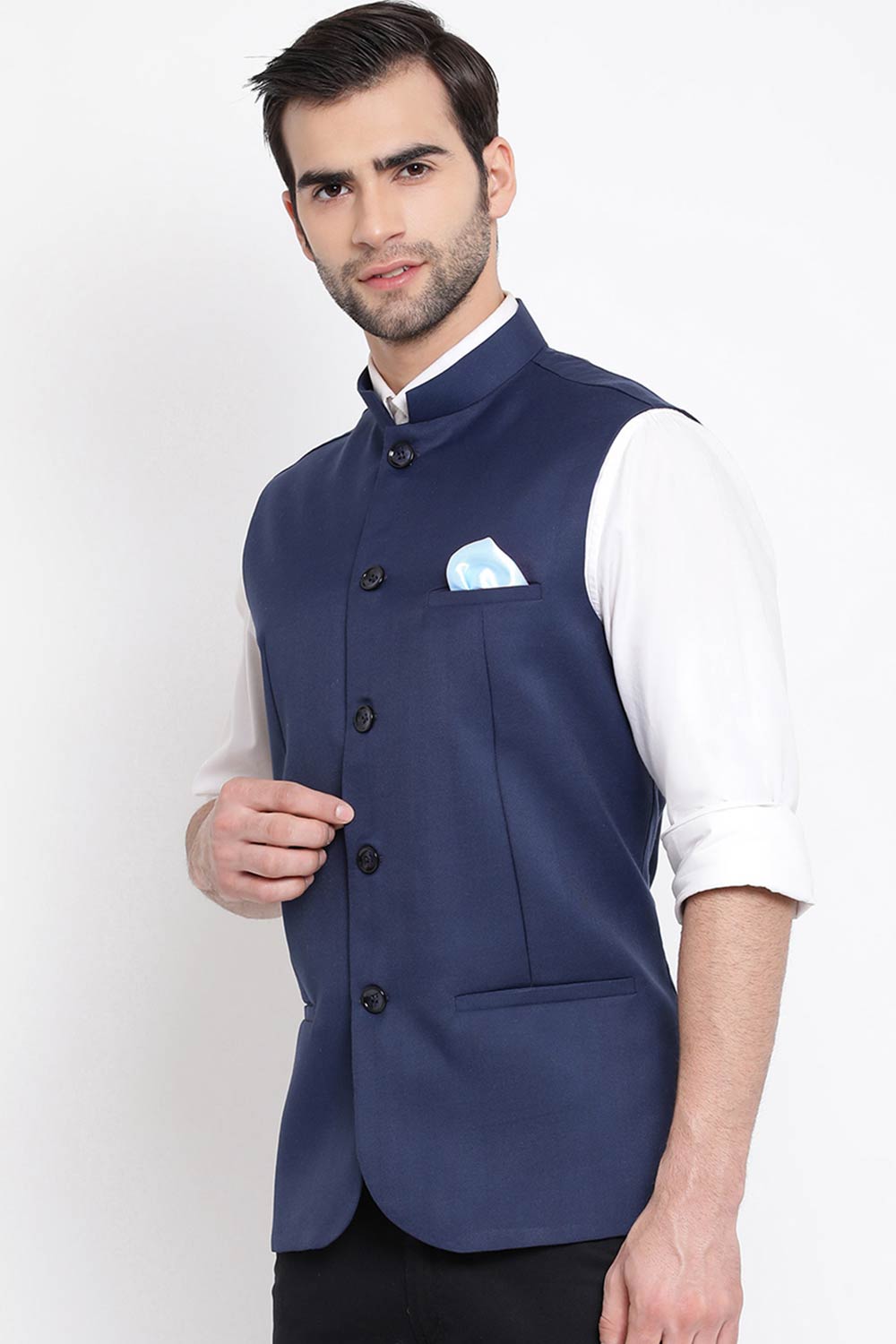 Waist Length Nehru Jacket in Navy Blue