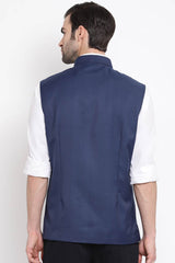 Casual Cotton Silk Navy Blue Nehru Jacket