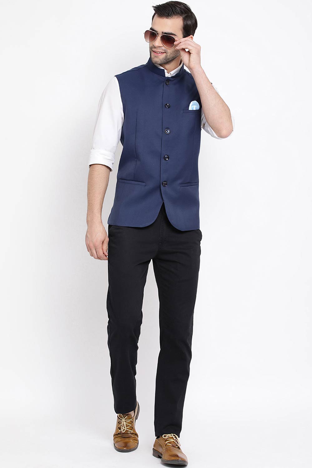 Shop Cotton Silk Navy Blue Nehru Jacket 