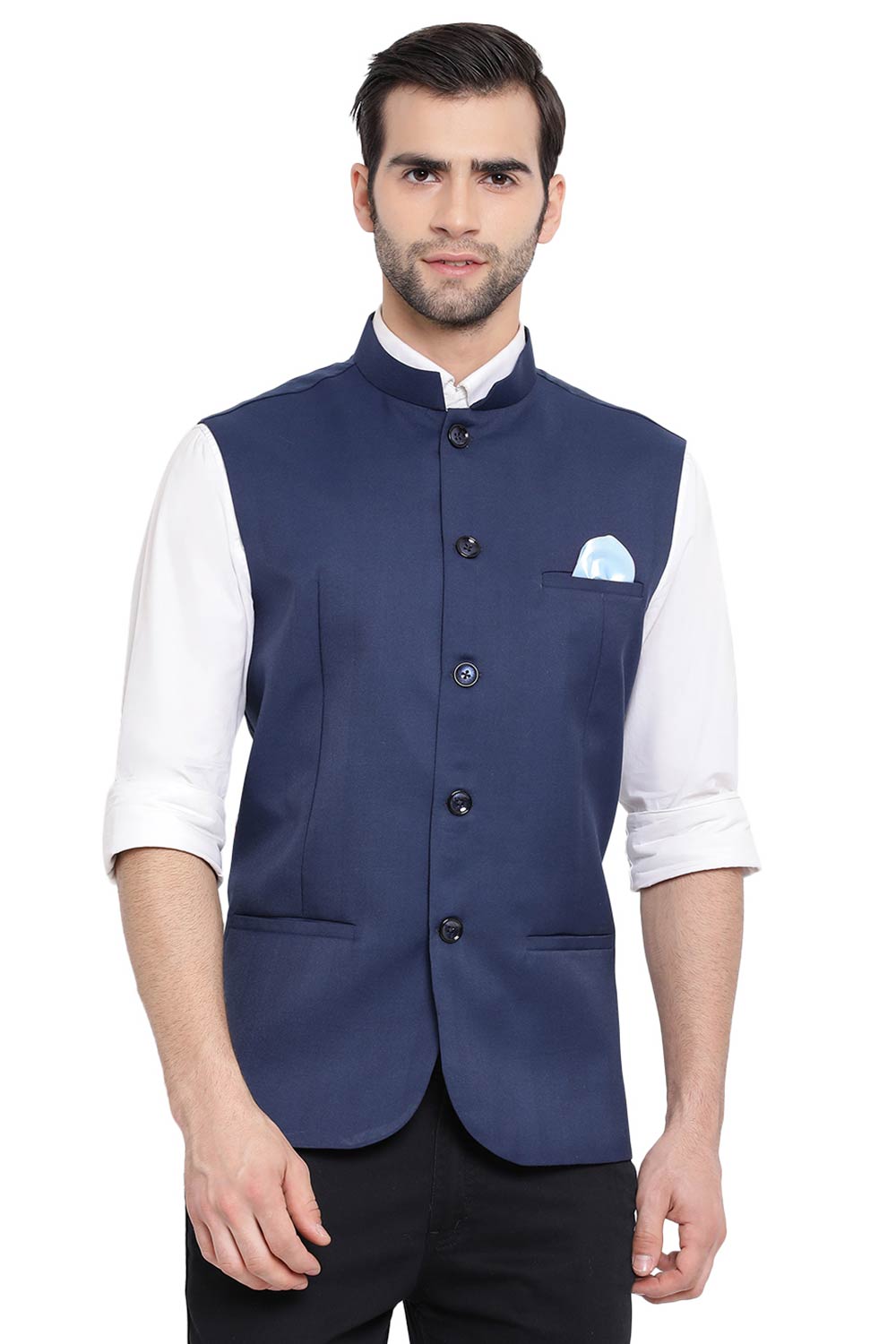 Buy Cotton Silk Nehru Jacket in Navy Blue