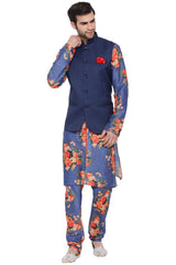 Buy Men's Art Silk Floral Kurta and Pyjama Set in Blue