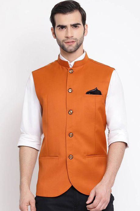 Orange Cotton Silk Nehru Jacket for Men's