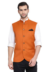 Buy Cotton Silk  Solid Nehru Jacket in Orange