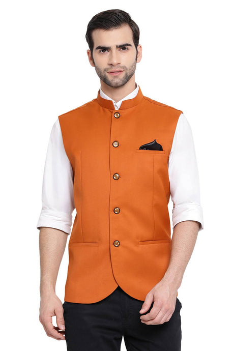 Buy Cotton Silk  Solid Nehru Jacket in Orange