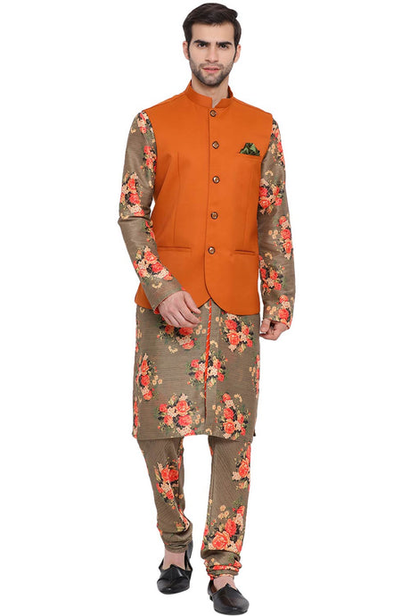 Buy Men's Art Silk Floral Kurta and Pyjama Set in Green