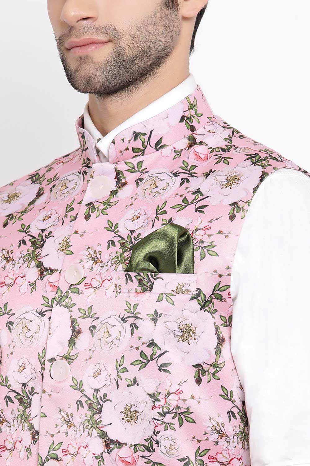Floral Printed Pink Nehru Jacket for Casual Wear