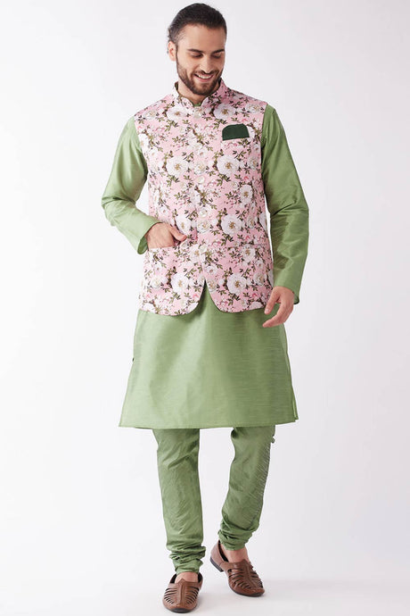 Buy Men's Blended Silk Floral Printed Kurta Set in Pista Green