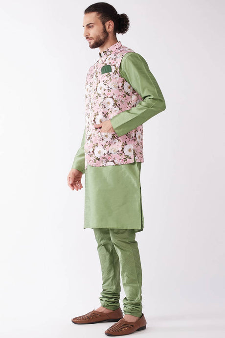 Buy Men's Blended Silk Floral Printed Kurta Set in Pista Green - Front