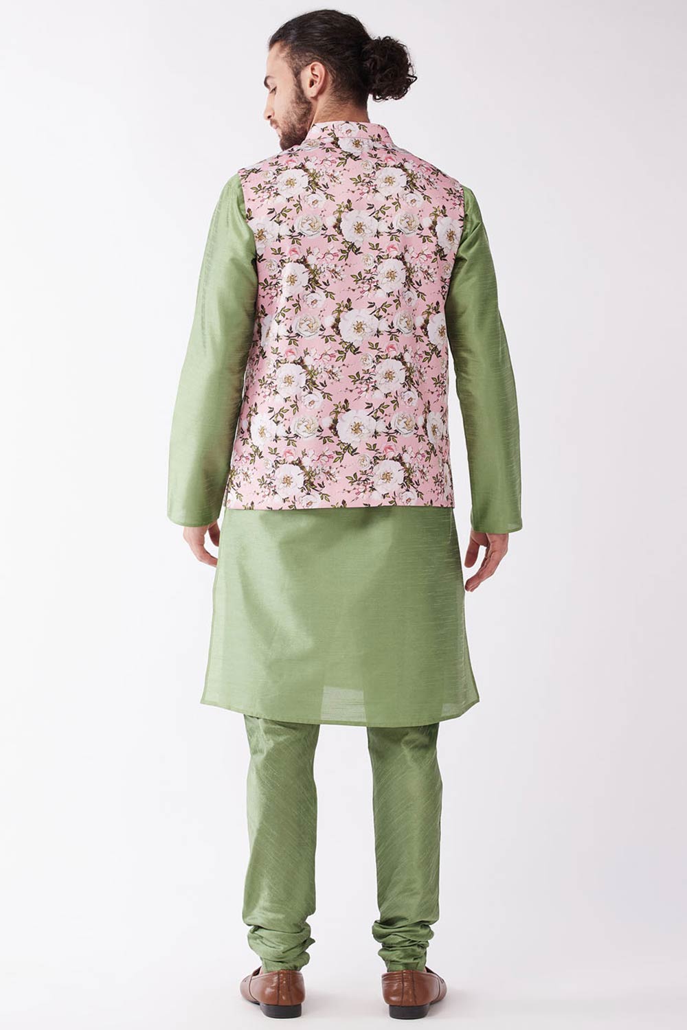 Buy Men's Blended Silk Floral Printed Kurta Set in Pista Green - Back