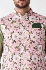 Buy Men's Blended Silk Floral Printed Kurta Set in Pista Green - Side