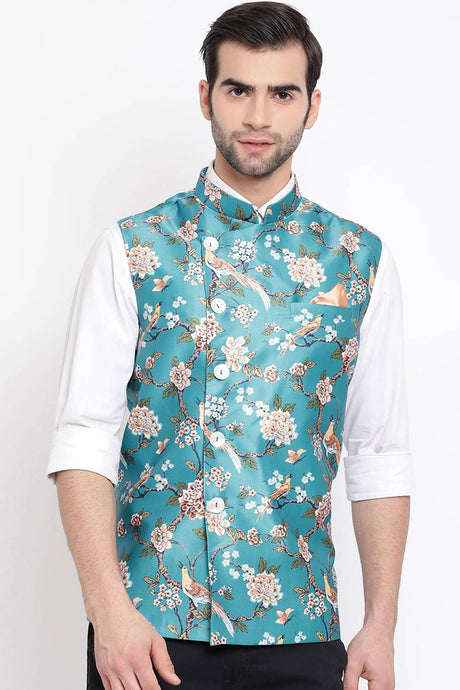 Turquoise Art Silk Nehru Jacket for Men's