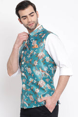 Waist Length Nehru Jacket in Turquoise