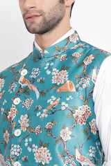 Floral Printed Turquoise Nehru Jacket for Casual Wear