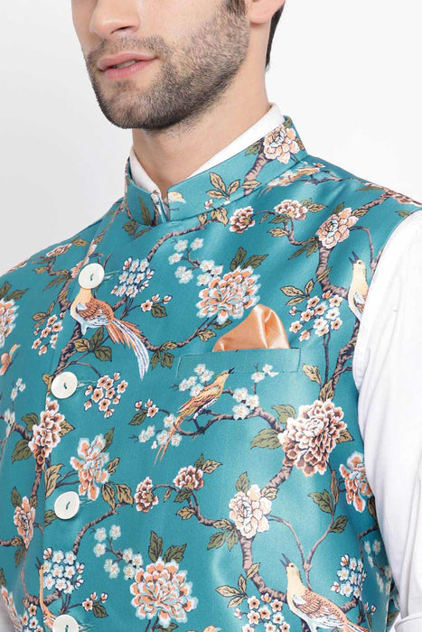 Navy Floral Printed Nehru Jacket For Men | Amogue