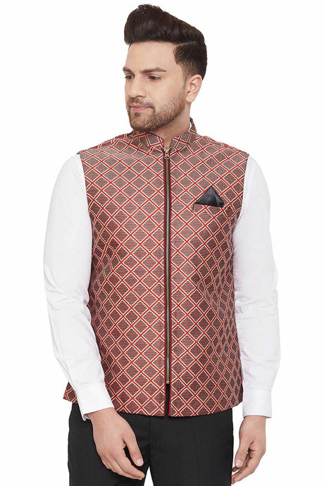 Buy Blended Cotton Woven Nehru Jacket in Red