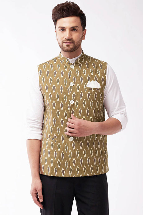 Buy Men's blended Cotton Ikkat Printed Nehru Jacket in Green