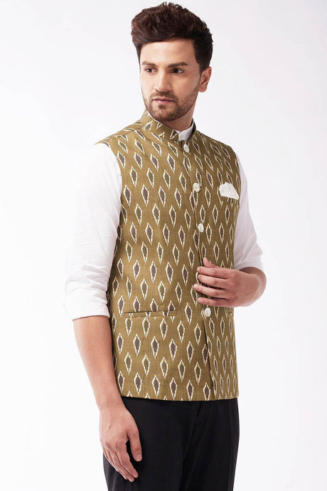 Buy Men's blended Cotton Ikkat Printed Nehru Jacket in Green - Front