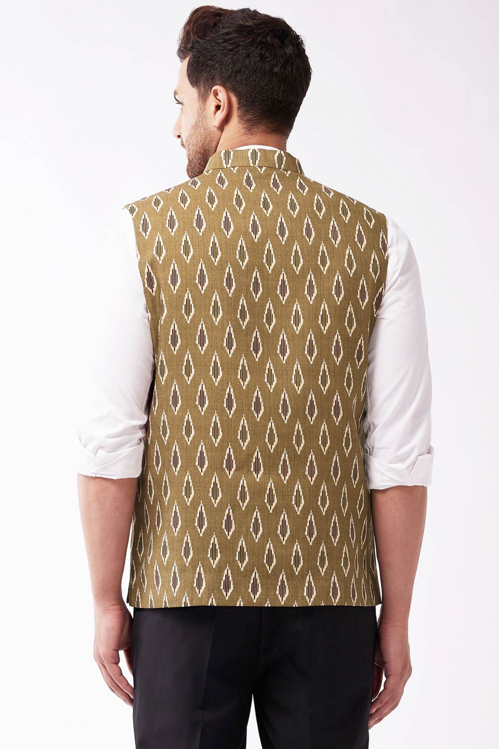 Buy Men's blended Cotton Ikkat Printed Nehru Jacket in Green - Back