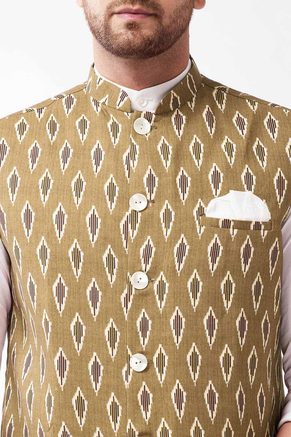 Buy Men's blended Cotton Ikkat Printed Nehru Jacket in Green - Side