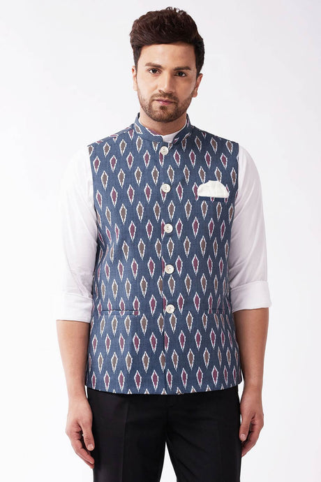 Buy Men's blended Cotton Ikkat Printed Nehru Jacket in Grey