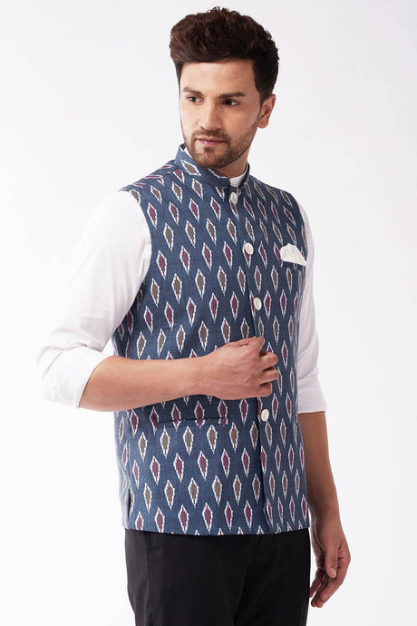 Buy Men's blended Cotton Ikkat Printed Nehru Jacket in Grey - Front