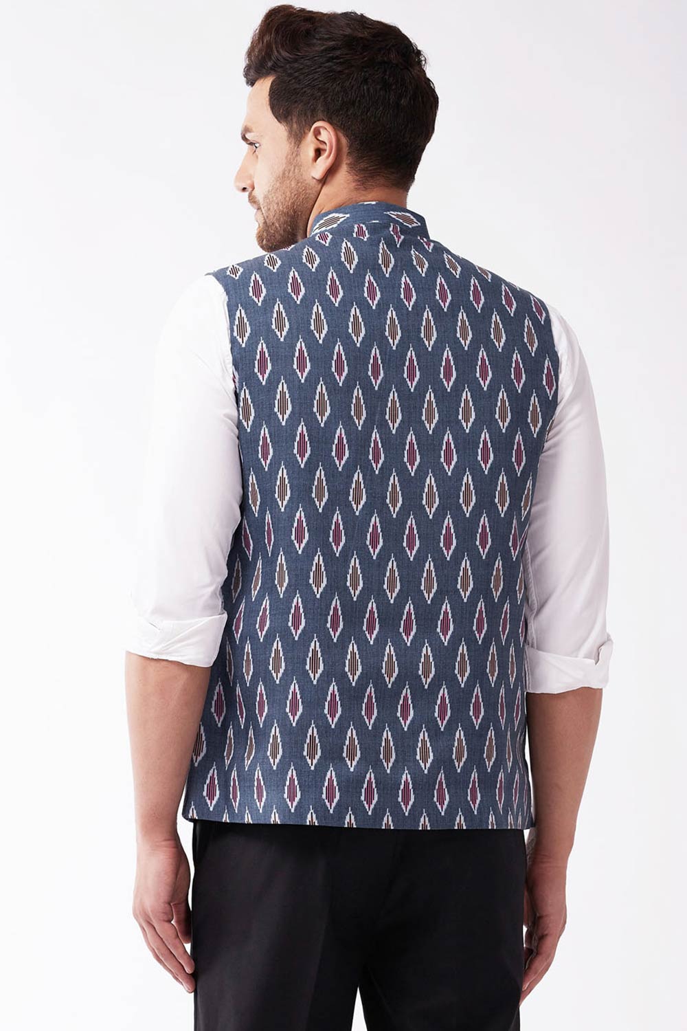 Buy Men's blended Cotton Ikkat Printed Nehru Jacket in Grey - Back