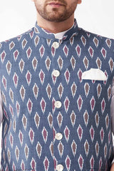 Buy Men's blended Cotton Ikkat Printed Nehru Jacket in Grey - Side