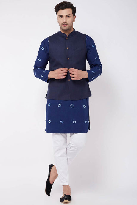 Buy Men's blended Cotton Solid Nehru Jacket in Navy Blue
