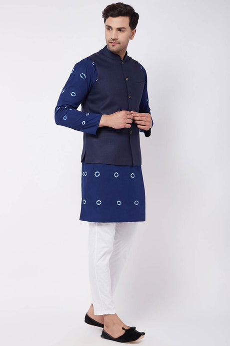 Buy Men's blended Cotton Solid Nehru Jacket in Navy Blue - Front