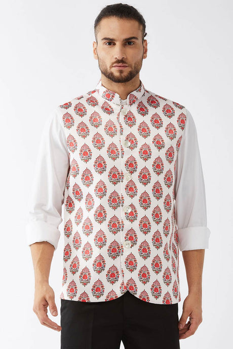 Buy Men's Satin Floral Printed Nehru Jacket in Ceam