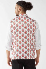 Buy Men's Satin Floral Printed Nehru Jacket in Ceam - Back