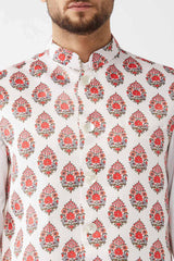 Buy Men's Satin Floral Printed Nehru Jacket in Ceam - Side