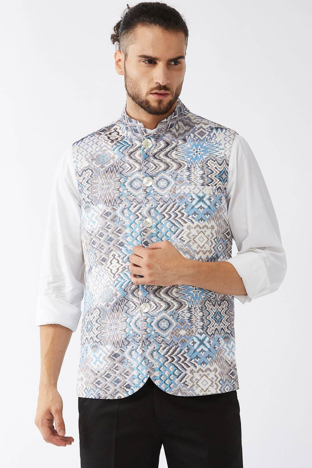 Buy Men's Satin Abstract Printed Nehru Jacket in Grey