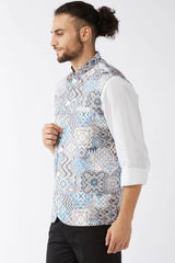 Buy Men's Satin Abstract Printed Nehru Jacket in Grey - Front