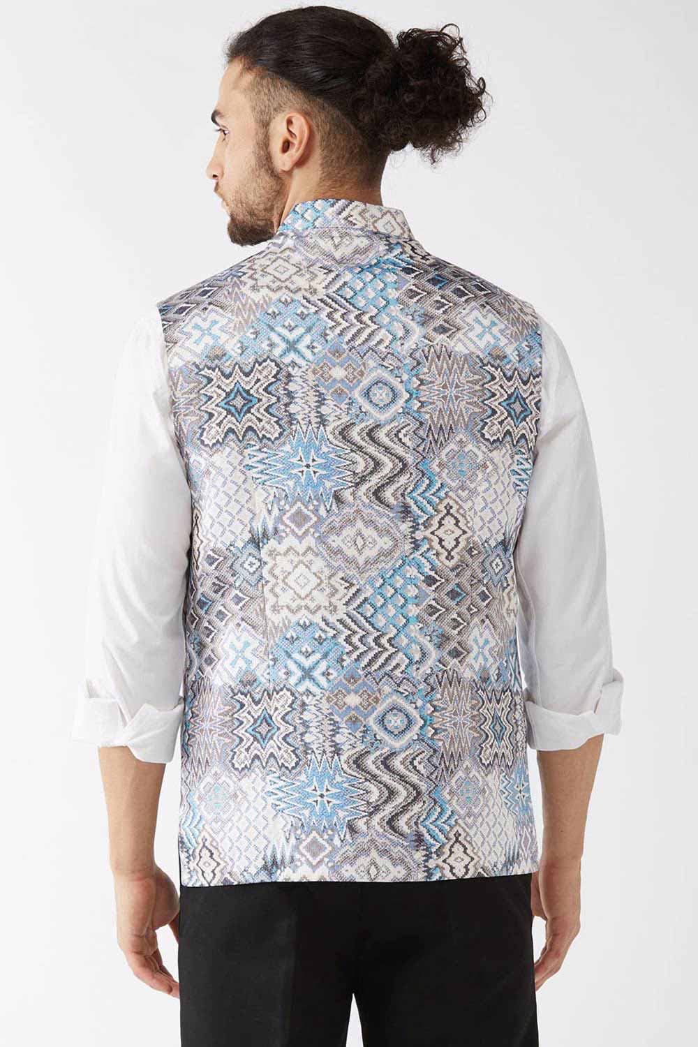 Buy Men's Satin Abstract Printed Nehru Jacket in Grey - Back